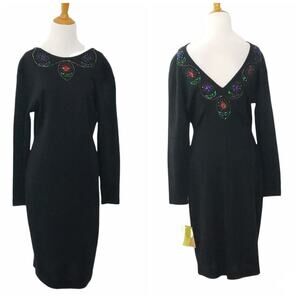 Vintage Deadstock Wool Beaded Sheath Beaded Black Holiday Liz Claiborne 10